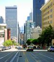 Classic SF view down California to downtown and the Bay Bridge.
